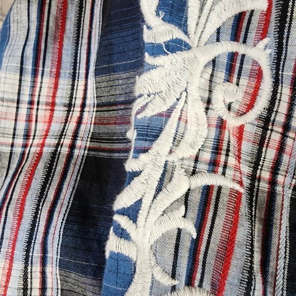 Panhandle Slim Plaid Pearl Snap Shirt Embroidered Blue Red Size Medium - Picture 11 of 16